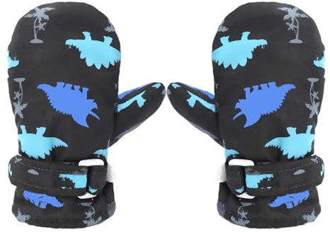 Kids Ski Gloves, Dinosaur Pattern Winter Warm Baby Toddler Gloves Mittens Windproof Waterproof Kids Snow Gloves with Fleece Lining for Boys Girls Skiing Snowboarding Walking (Black, S: 6-24 Months)