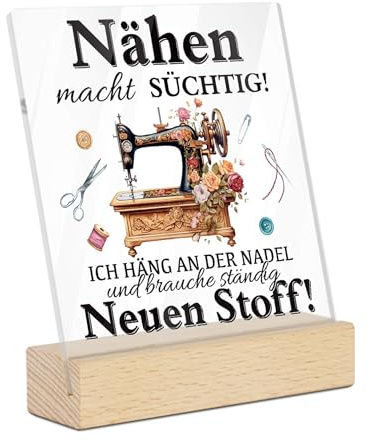 Putuo Decor Acrylschild mit Holzsockel - Nähen macht süchtig Spruchschild - Deko für Nähzimmer, Schneideratelier und Hobbyraum