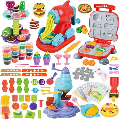 Joellfuner 70 Pièces Pate A Modeler pour Enfants, Outils de Pâte À Modeler avec 18 Pots pour Créer des Hamburgers, Pâtes et Crème Glacée, Kitchen Creations Jeu de Rôle pour Garçon Fille de 3+ Ans
