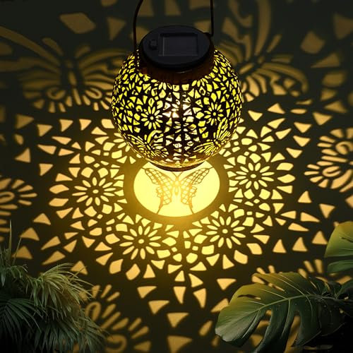 Qoosea Lanterne Solari da Esterno Farfalla Decorative LED Luci da Giardino in Metallo con Ganci IP65 Impermeabile Lanterna Solare Lampade Solari da Giardino Decorazioni