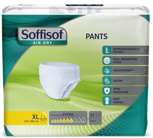 Soffisof Air Dry Pants Extra XL - 12x Braga Pañal Adulto - Pañales Adultos Hombre y Mujer Hasta 7 Gotas - Talla X-Large (135-160 cm) - Paquete Individual