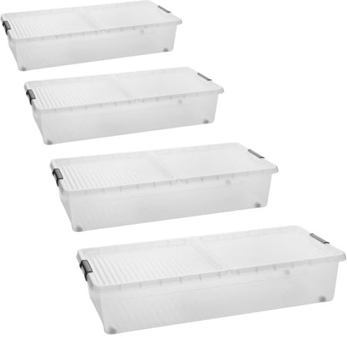 Sustania Juego de 4 cajas de almacenamiento para debajo de la cama con ruedas y tapa dividida, dimensiones: 78 x 38 x 16 cm, caja inferior de 32 l, cómoda para debajo de la cama fabricada en la UE