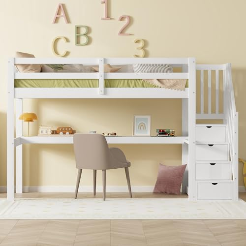 Oxtao Lettino a soppalco, 90 x 200 cm, con cassetti e scrivania sotto il letto, salvaspazio, per cameretta dei bambini, senza materasso (bianco, 90 x 200 cm)