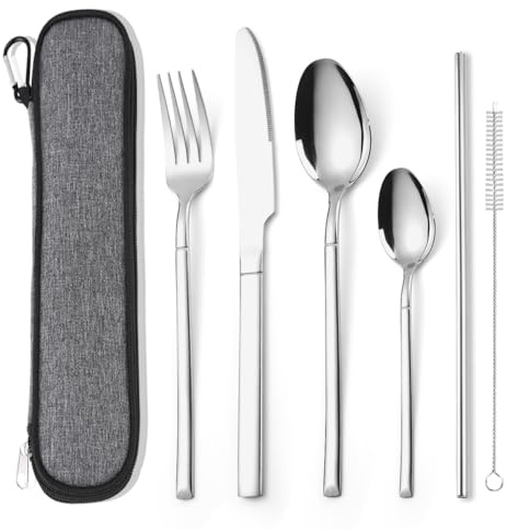 AARAINBOW Portable Cutlery Set for 1 Person, Stainless Steel Knife Fork Spoon Straw Set. 6-Piece Flatware Set with Bag, Suitable for Travel Camping Work, Dishwasher Safe, Silver