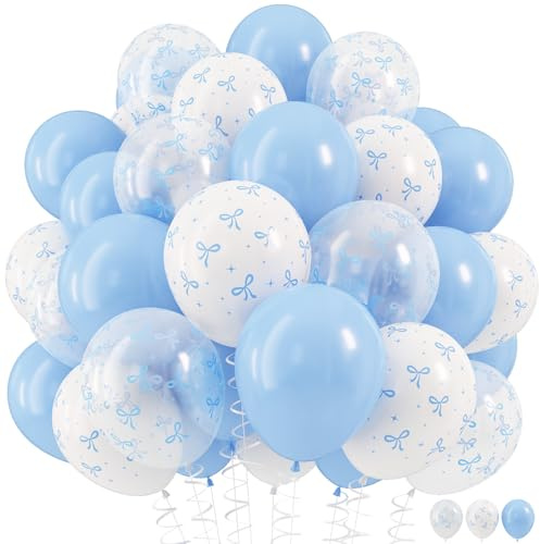 HILAVO Blue Bow Balloons, 12 Inch Pastel Light Blue Transparent White Bow Print Coquette Balloon for Girls Birthday Bachelorette Party Bridal Baby Shower Wedding Anniversary Decorations Supplies