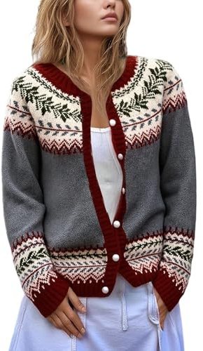 Generisch Cardigan pour femme avec motif norvégien - Cardigan à manches longues avec motif traditionnel - Mode tricotée d'hiver pour la saison froide, Style_q01 Gris, XXL
