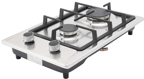 Gaskochfeld 2 Flammig mit 3KW & 1.75KW Brennern für LPG/Erdgas,51x31cm Outdoor Gasherd aus Edelstahl,Tragbarer Gas-Kochfeld mit Druckminderer & 1.5m Schlauch,Gaskocher für innen und außen (Silber)