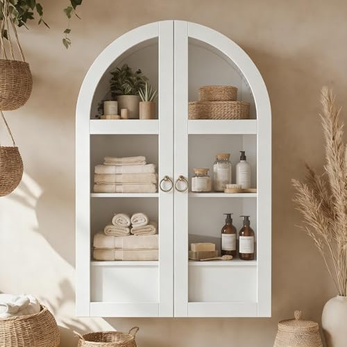 AIUUCS Arched Medicine Cabinet, White Bathroom Wall Cabinet with Tempered Glass Door and Adjustable Shelf for Kitchen, Living Room, Entryway, Laundry Room, Apartment, Office, Small Space