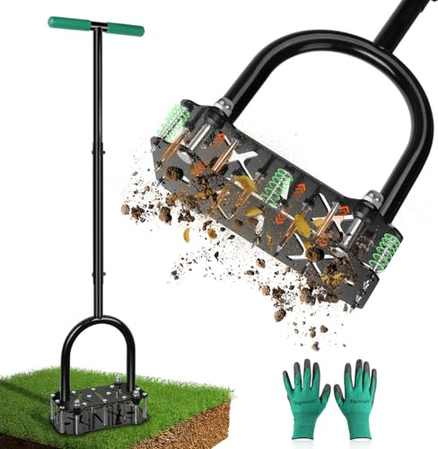 Adjustable Lawn Aerator Tool with Rebound Spring – 16 Sharp Metal Spikes Soil Aerator with Ergonomic T-Handle & Wide Foot Plate, Heavy Duty Yard Lawn Aerator for Garden Lawn Care
