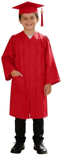 Robe de Diplôme Enfant + Bonnet à Pompon 12 Couleurs Toge Graduation Primaire Tissu Résistant Deux Poches pour Cérémonie de Remise de Diplôme,Spectacle Scolaire et Shooting(Red,6-7Y)