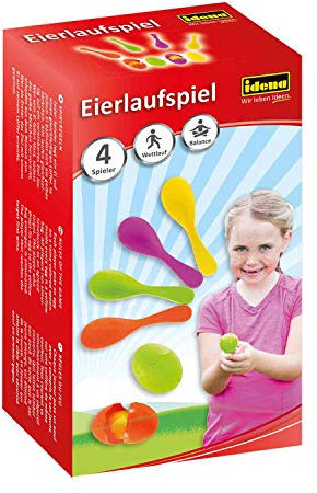Idena 40074 - Juego de habilidad carrera de huevos, con 4 huevos y 4 cucharas, perfecto para interiores y exteriores, fiestas y festivales deportivos