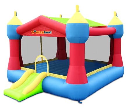 Bounceland Inflatable Party Castle Bounce House Bouncer, 16 ft L x 13 ft W x 10.3 ft H, Basketball Hoop, Removable Sun Roof, UL Strong Blower included, Fun Slide and Bounce Area, Castle Theme for Kids