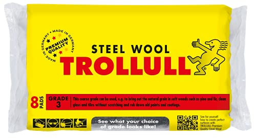 TROLLULL Steel Wool | Wire Wool coarse 3 enhances the natural grain of wood, cleans glass, roughens old varnish or paint, 8 pads 200g