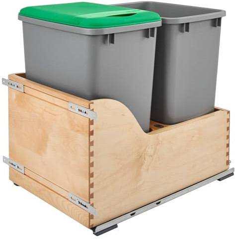 Rev-A-Shelf Pullout Trash Cans for Kitchen Cabinet, Dual 35 Qt Bins with 15 Wood Frame - Large Garbage Bin Containers for Home Waste Storage and Recycling