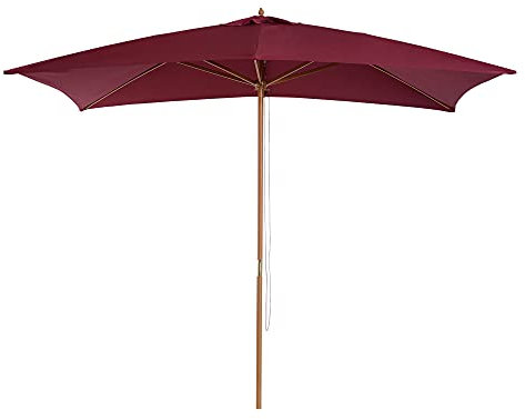 Outsunny Ombrellone da Giardino 2x3 m con Corda e Prese d'Aria, Ombrellone da Esterno con 6 Stecche in Legno, Bambù e Poliestere 180g/㎡, per Cortile, Terrazza e Balcone, Rosso Scuro