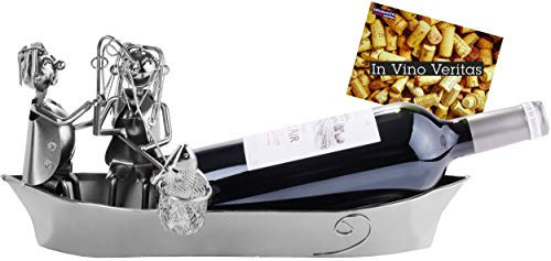 BRUBAKER Porte-Bouteille de vin - Couple à la pêche en Barque - Métal - Carte de vœux Incluse - Idée Cadeau Originale - Objet décoratif