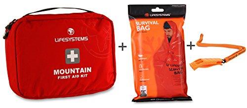 Lifesystems Mountain första hjälpen-kit med säkerhetsvisselpipa och överlevnadsväska paket