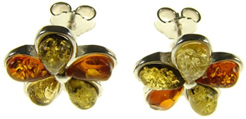 Baltic amber and sterling silver 925 multi-coloured flower leaf stud earrings