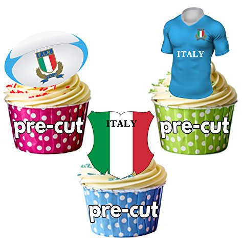 AK Giftshop Italy Rugby Team Shirt, Ball and Flag Mix, Cake Decorations - Edible Stand-up Cupcake Toppers (pack of 12)