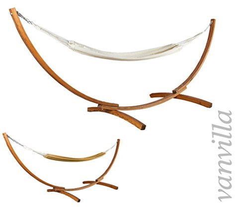 vanvilla Hängematte mit Gestell aus Lärche BAROS 360cm x 120cm, weiße Hängematte, verzinkte Stahlteile, Holz Teakfarben, Hängemattengestell Holz