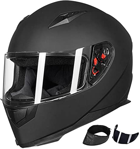 ILM Full Face Motorcycle Street Bike Helmet with Removable Winter Neck Scarf + 2 Visors DOT Model ILM-313 (L, Matte Black)