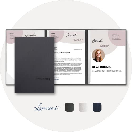 5 Stück 4-teilige Bewerbungsmappen Lemani® PRESTIGE 'dark grey' mit 2 Klemmschienen - Premium-Qualität mit unverwechselbarer Haptik und hochwertiger Prägung 'Bewerbung'