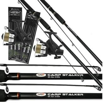 2x Black Carp Fishing Stalker 8ft 2lbTC Rods & Reels Set Up With FREE TACKLE SET