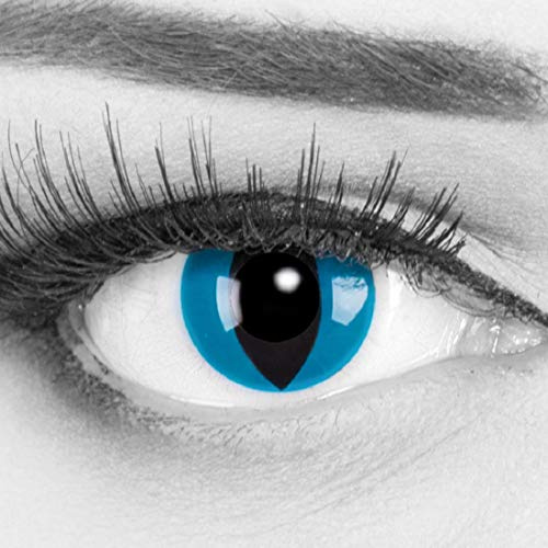 Meralens – Lenti a contatto colorate “Mystic Cat” blu | Effetto occhi da gatto | Cosplay Halloween Carnevale | Senza correzione | con Soluzione All-in-One 60 ml + Contenitore GRATIS