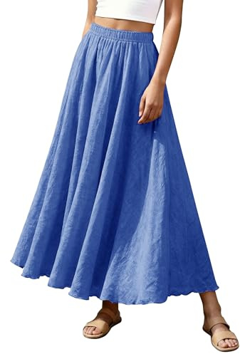 Ezcosplay Women Bohemian Cotton Linen Double Layer Elastic Waist Long Maxi Skirt Denim Blue