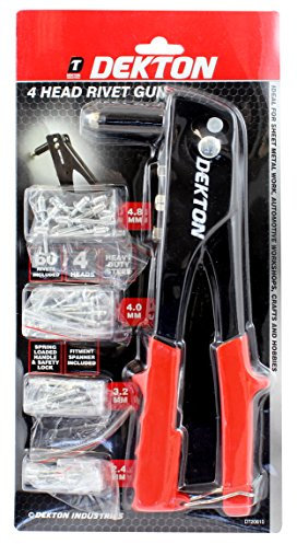 Dekton 4 Head Rivet Gun- Heavy Duty Steel With With Chrome Plated Jaws| Ergonomically Designed Spring Loaded Handle For Comfort, ease| Fitment Spanner Stored In The Handle| 4 Head Sizes With 60 Rivets