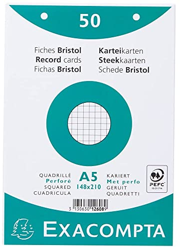 Exacompta - Ref 12608E - Förpackning med 50 perforerade 5x5 kvadratiska indexkort - filmförpackade - kompatibla med bläckstråleskrivare, laser och kopiatorer - format 148 x 210 mm - färg vit