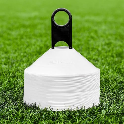 FORZA Training Marker Cones | 10 Vibrant Colour Options - Premium Coaching Equipment with Stand Perfect for Football, Rugby and Fitness Drills [50 or 1000 Pack] (White, Pack of 50)