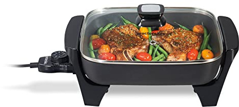 Proctor Silex Electric Skillet with Lid, 116 sq. in. Nonstick Cooking Surface for Frying, Sauteing, Simmering and Braising, Adjustable Temp 200° to 400° F, Black (38526PS)