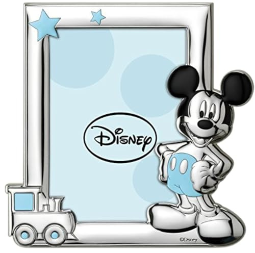 VALENTI & CO. D102 4LC, Disney Baby - Topolino Mickey Mouse - Cornice per Foto in Argento da Tavolo o Comodino per la Cameretta del Bambino perfetta come Idea Regalo Battesimo o Compleanno, azzurro