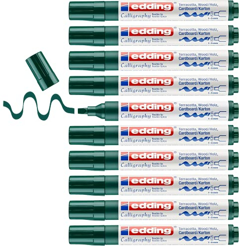 edding 1455 marcador de caligrafía-verde botella - 10 bolígrafos-plumilla de caligrafía flexible de 1-5 mm - bolígrafo de fibra para papel,madera,terracota, lienzo-escritura a mano, diarios de viñetas