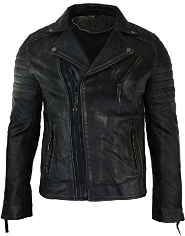 Infinity Chaqueta Ajustada para Caballero, Cuero autentico con Cierre de Cremallera en Cruz Tipo Retro Vintage Biker - Negro, Large