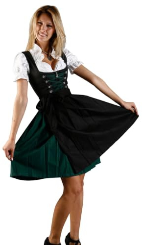 Mini Dirndl nostalgique 3 pièces Vert et noir avec chemisier et tablier assortis, taille 32-58 - Noir - 36