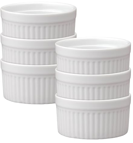 HIC Kitchen Souffle Ramekin, Fine Porcelain, For Baking Custards, Souffles, Side Dishes, And Desserts, 6-Ounce Capacity, Set of 6
