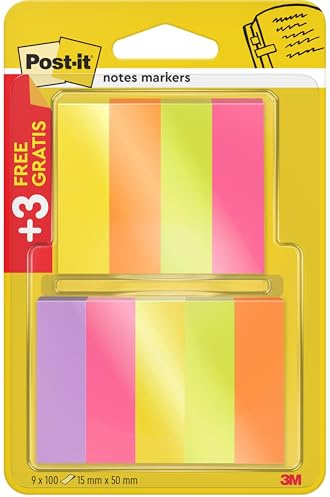 Post-it 670-6+3 Page Marker Blocks Narrow 15 x 50 mm, 9 x 100 Sheets Fluorescent Pink / Fluorescent Green / Fluorescent Yellow / Fluorescent Orange / Fluorescent Purple