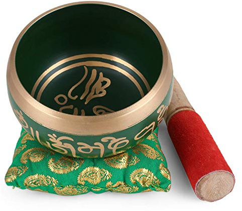 Zap Impex Tibetan Singing Bowl - 4 Inch, Green, Set with Mallet and Cushion for Meditation and Yoga