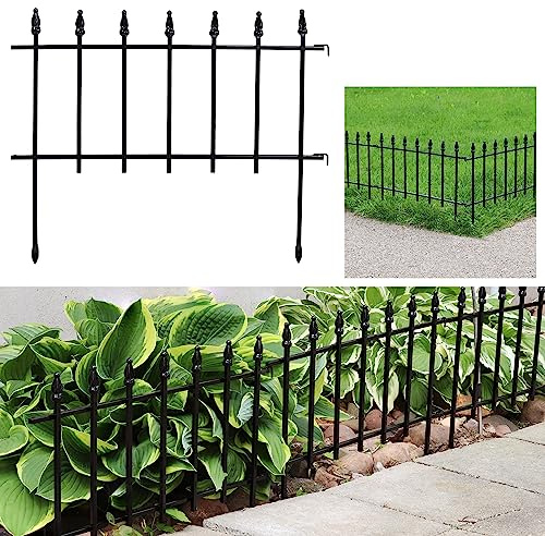 Sunnydaze 5-Panel Roman Iron Decorative Garden Fence Border - 9ft L x 18in H No Dig Metal Garden Fencing for Animal Barrier, Flower Bed, Yard - Black