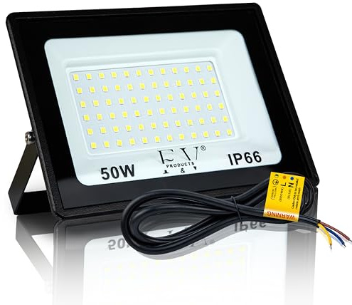 F&V PRODUCTS Faretto LED da Esterno 50W, Luce Bianca Fredda 6500K, 5000 Lumen, Cavo 1 M, IP66, IK08, Alluminio e Vetro Temperato, Faro LED 220V per Illuminazione Esterna, Giardino, Garage, Facciate