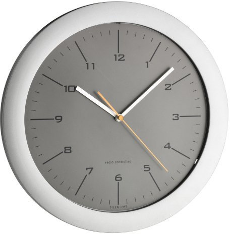 TFA Dostmann Design Funk Wanduhr, 60.3512.10, leises Uhrwerk, mit orangen Sekundenzeiger, Ideals als Küchenuhr/Bürouhr, Silber/grau