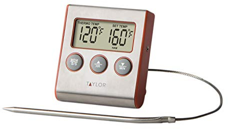 Taylor Instant Read Wired Probe Digital Meat Food Grill BBQ Cooking Kitchen Thermometer with Timer Alarm, Red
