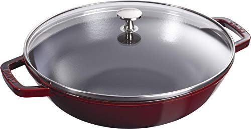 STAUB Wok aus Gusseisen, Innen emailliert, 30 cm, inkl. Glasdeckel, für alle Herdarten inkl. Induktion, Grenadine-rot