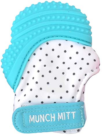 Malarkey Kids Patented Teething Mitten, Munch Mitt Baby Chew Toy - Protects Hands from Chewing & Saliva, Heals Aching Gums, Promotes Sound & Visual Stimulation for Babies - Aqua Polka Dot