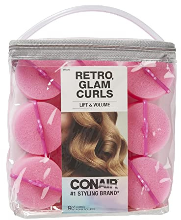 Conair Foam Hair Rollers for Big Volume, Lift and Curl, Foam Rollers, Hair Curlers in Large Size, Pink, 9 Pack with Storage Bag