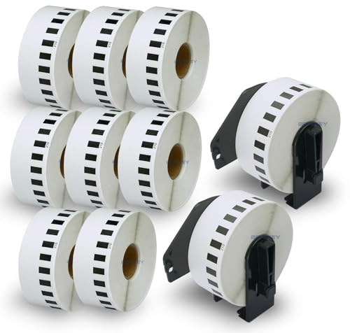 BETCKEY - 10 Rollos DK-22210 Etiquetas Adhesivas con Solo 2 Soportes de Etiquetas Reutilizables, 29mm x 30.48m, 10 Cinta Continua de Papel Térmico para Brother QL Impresoras de Etiquetas