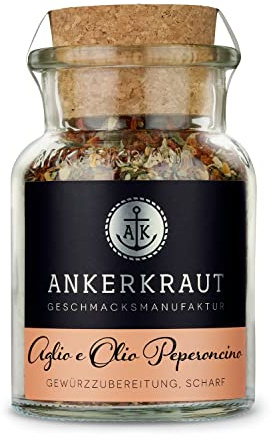 Ankerkraut Aglio e Olio Peperoncino, für Original italienische Spaghetti, Pasta kochen, Allrounder für Nudeln, leicht scharf mit Chili, Gewürz Kräuter für Küche, 65 g im Korkenglas