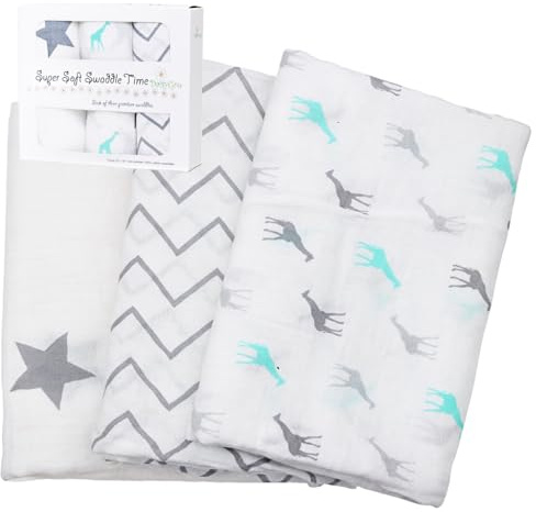 -DaisyGro paños de muselina de algodón | muy suaves | Extra grandes – Pack de 3 diseños unisex | multiusos | en caja de regalo | regalo perfecto para fiesta de celebración de nacimiento